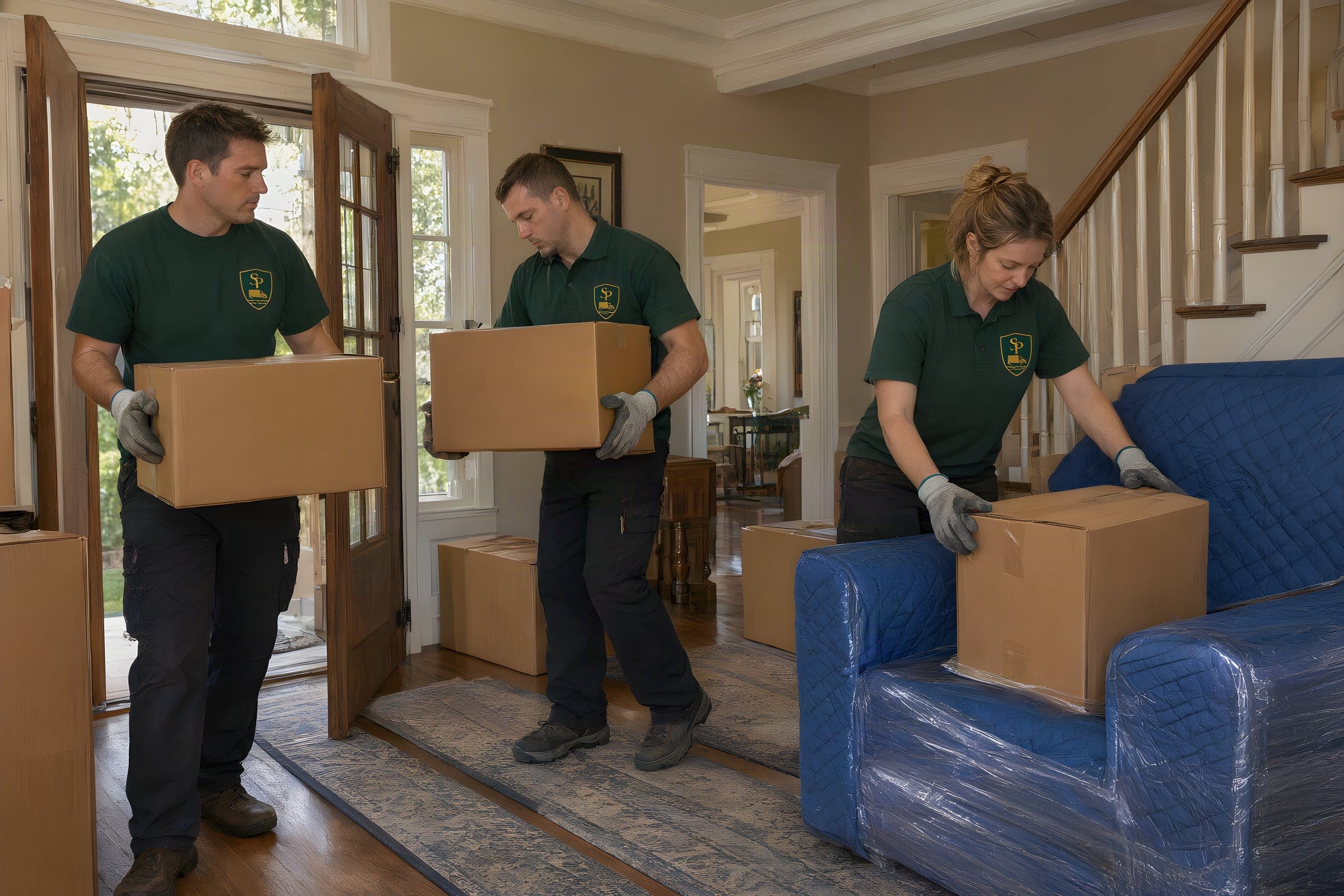 Three movers carrying boxes and a wrapped sofa through the front hall of a Connecticut house
