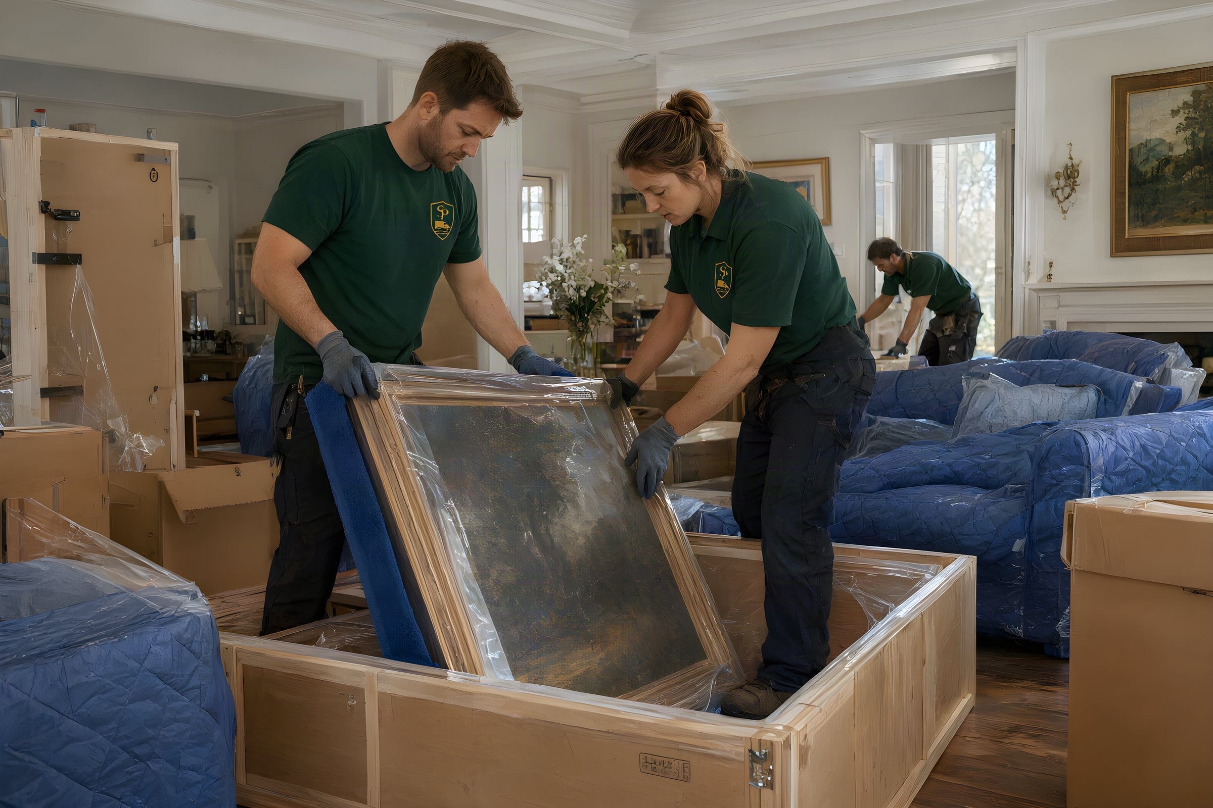 Fine art movers in gloves lowering a wrapped framed painting into a custom wooden crate