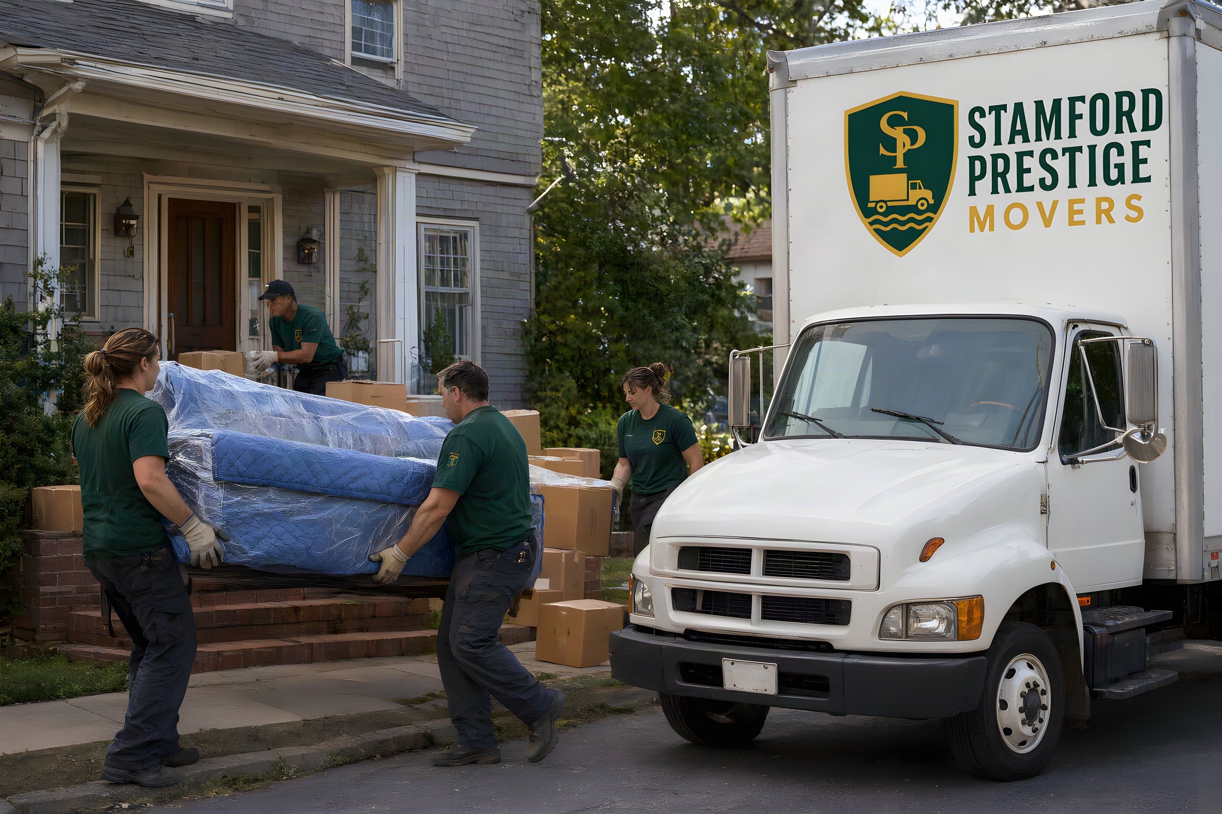 Local movers in Stamford, CT carrying a blanket-wrapped sofa down brick steps toward a Stamford Prestige Movers truck