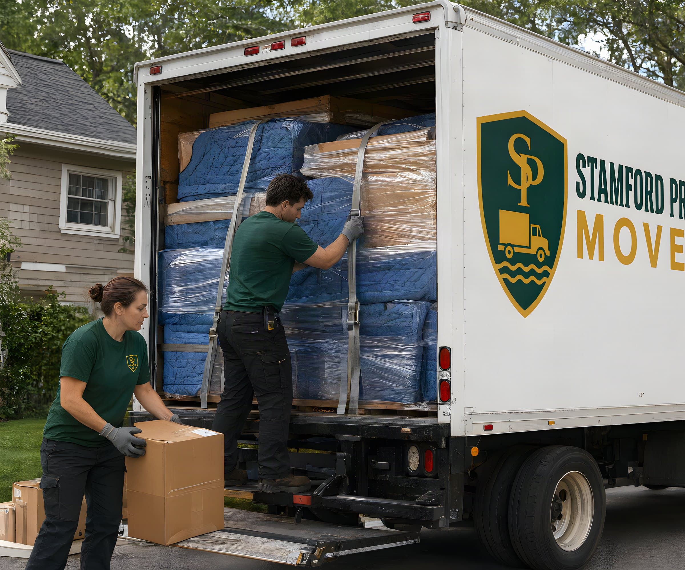 Long distance movers from Stamford, CT strapping a tall wall of wrapped furniture inside a Stamford Prestige Movers truck