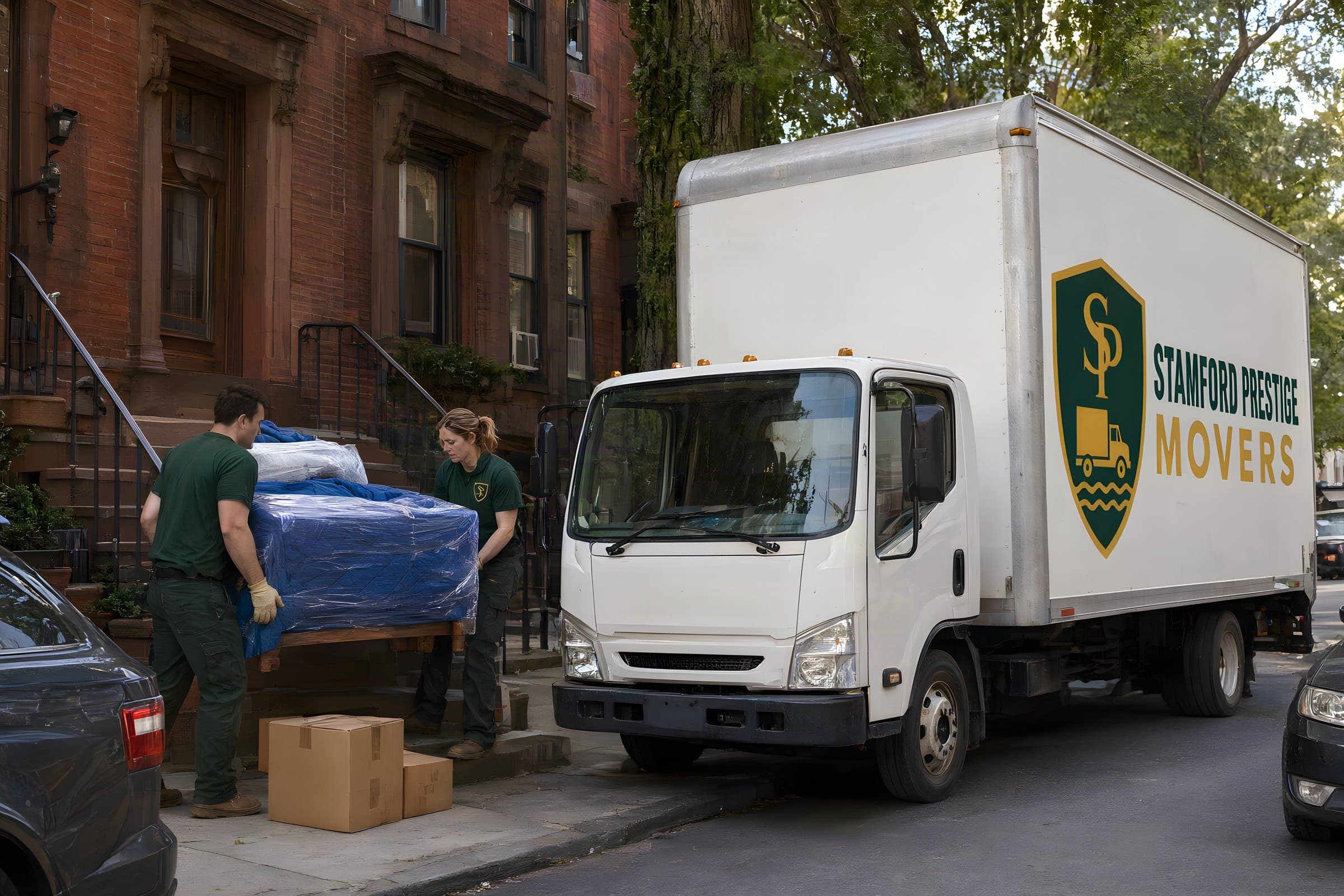 Moving from NYC to Connecticut: two movers carrying a wrapped dresser from a Manhattan brownstone stoop to a Stamford Prestige Movers truck