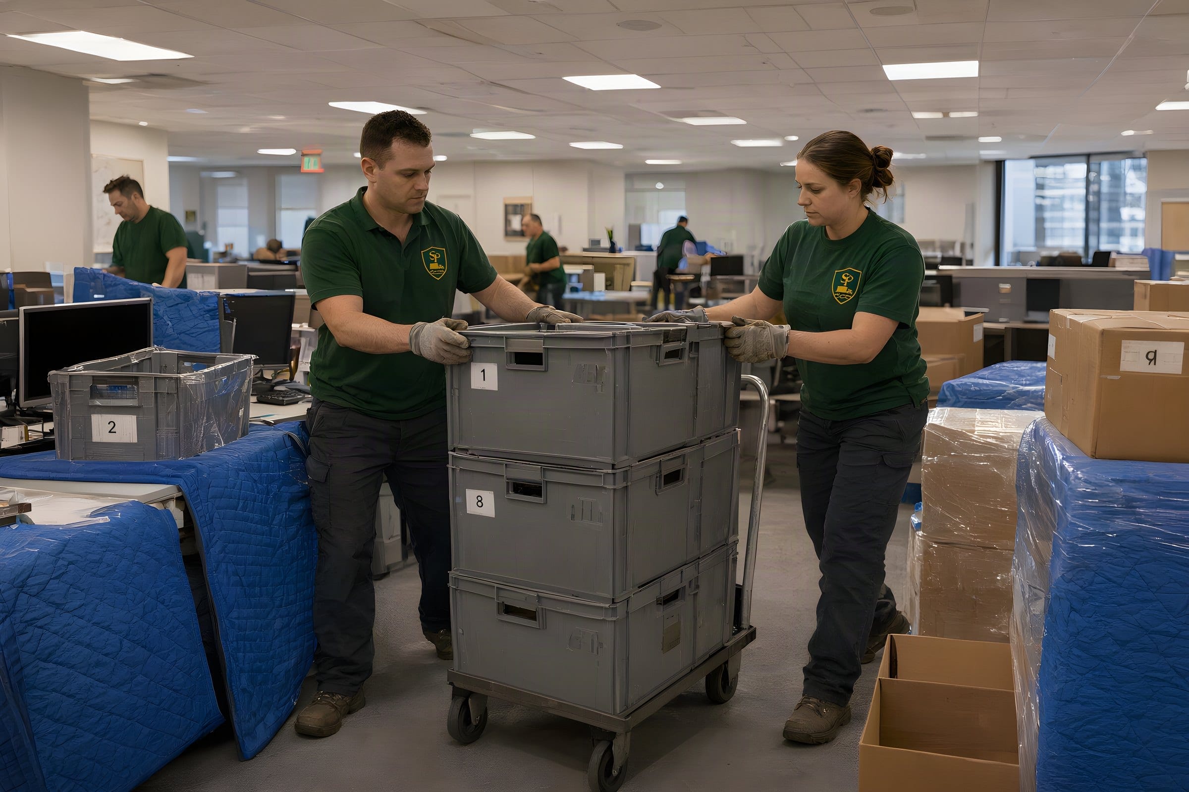 Office movers in Stamford, CT rolling a stack of numbered crates past blanket-wrapped desks