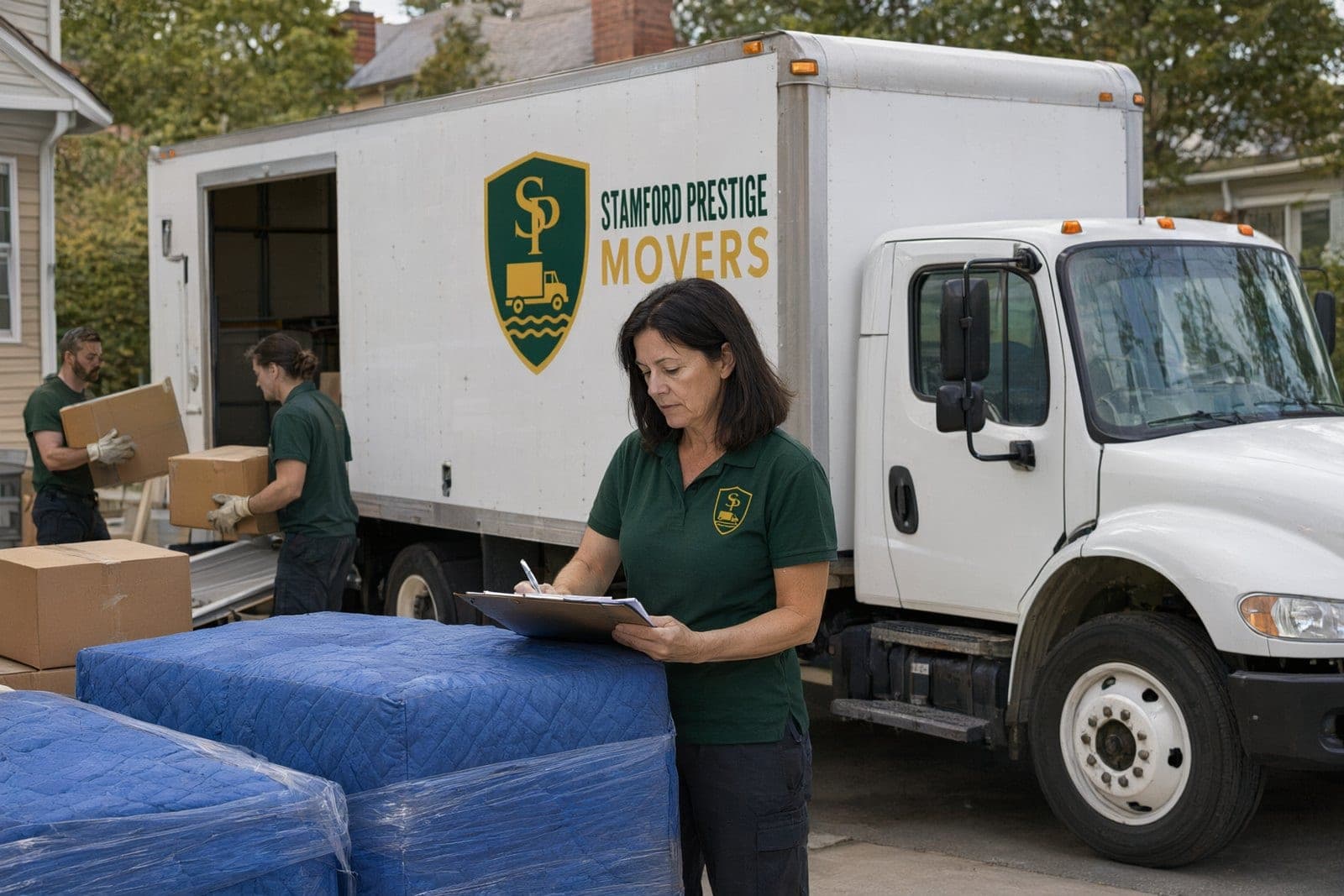 Gina Russo checking an inventory sheet on a clipboard beside a Stamford Prestige Movers truck