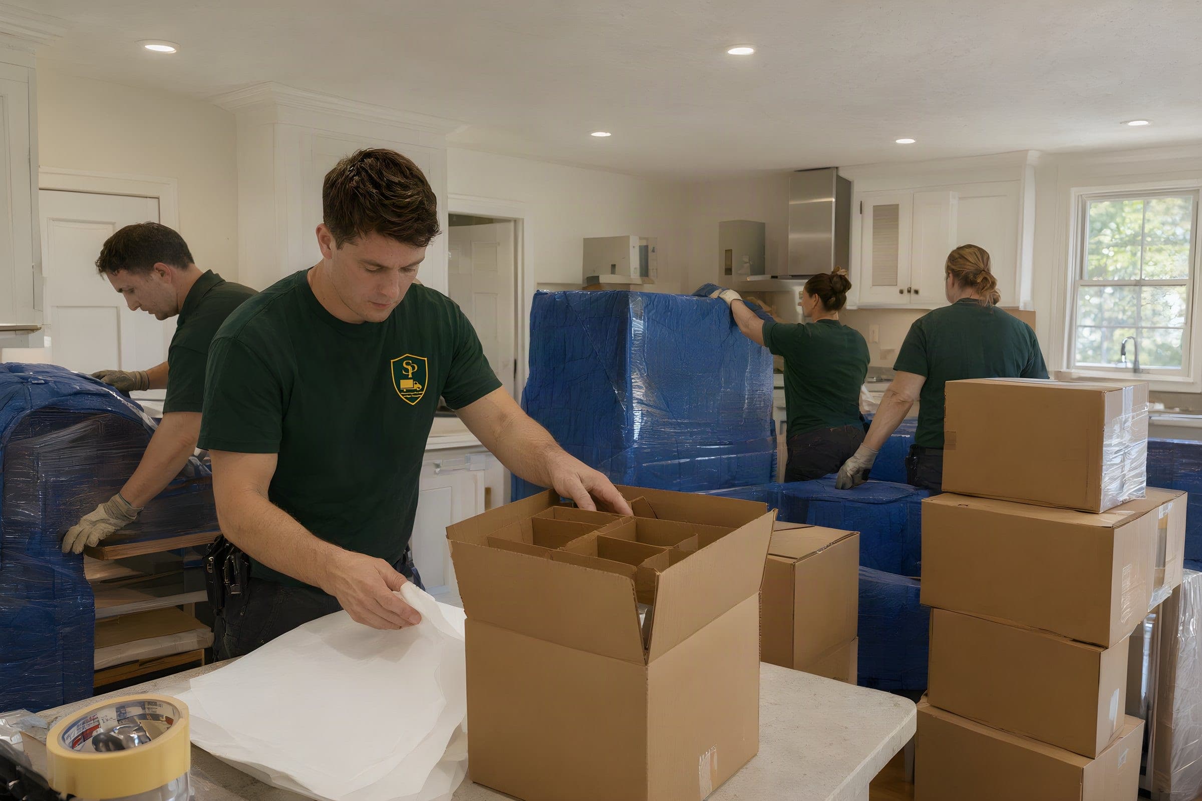 Packing services in Stamford, CT: a mover wrapping plates in packing paper for a dish-pack box
