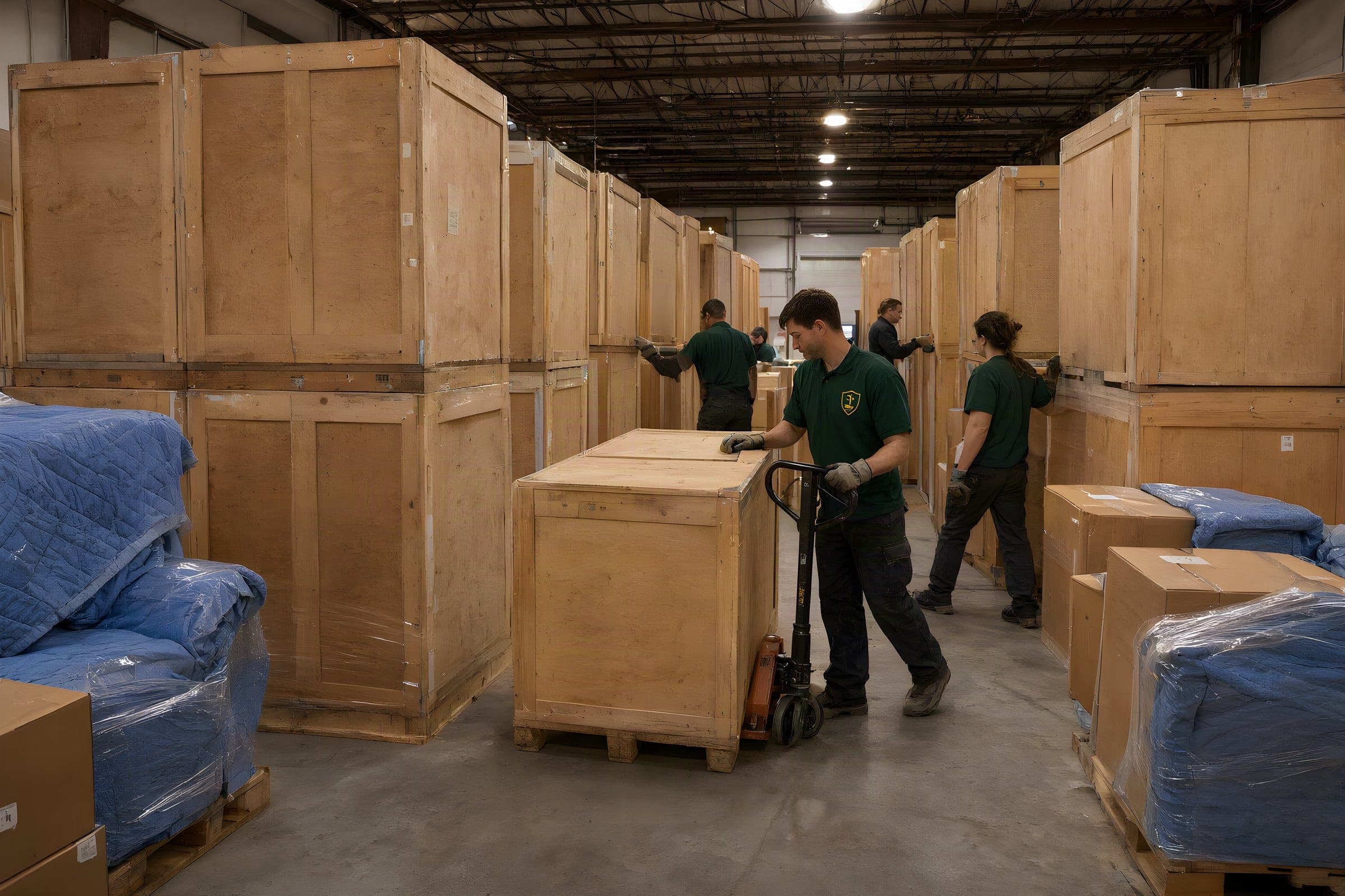 Storage in Stamford, CT: a mover guiding a wooden storage vault on a pallet jack down a warehouse aisle