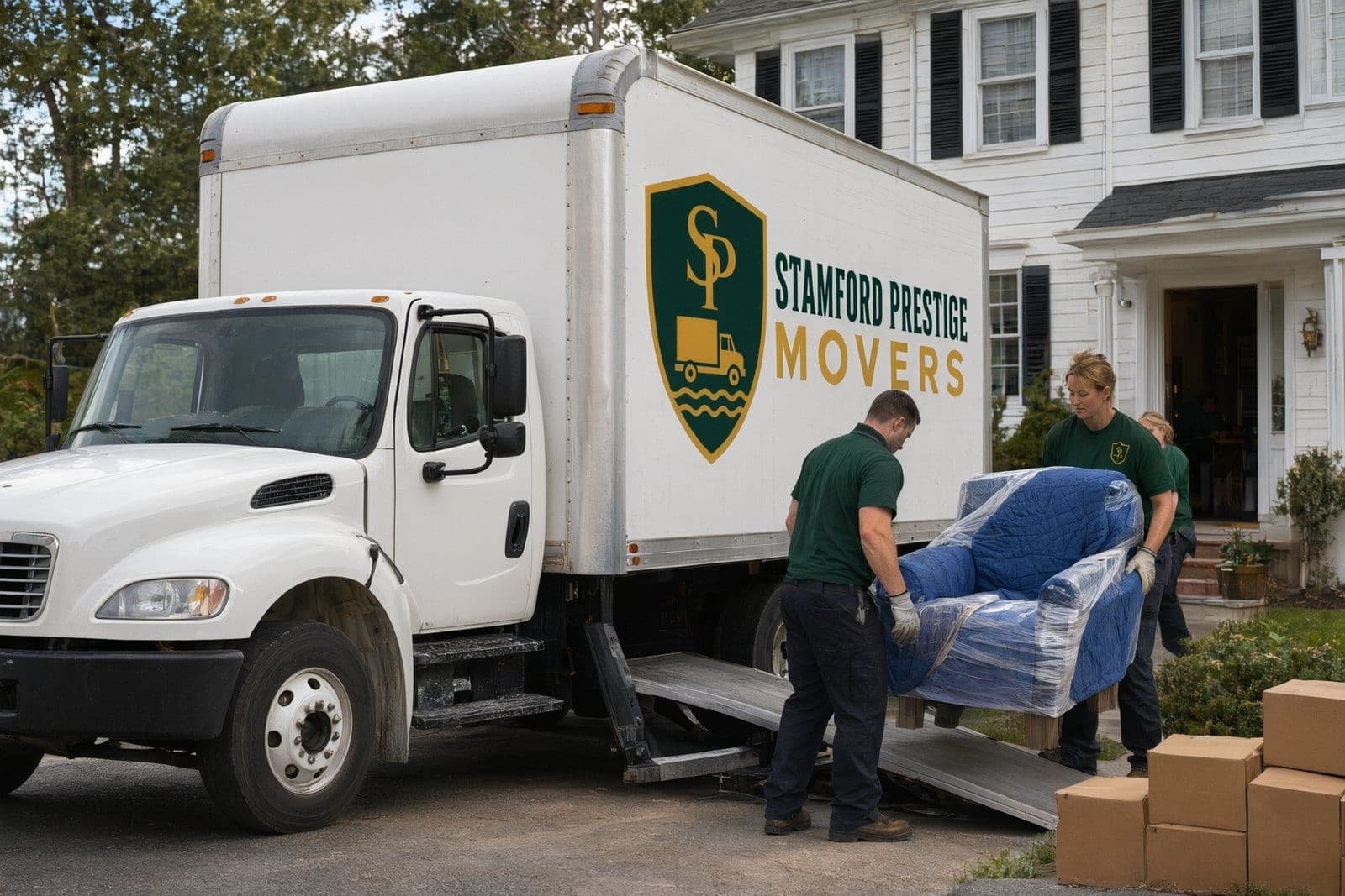 A Stamford Prestige Movers truck backed into the driveway of a white colonial, two movers carrying a wrapped armchair down the ramp